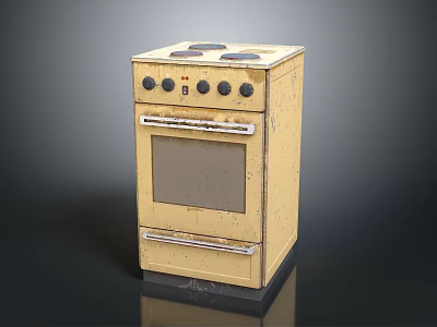 Vintage Yellow Standalone Oven With Four Burners Knobs And Worn Design Electronic Appliance 3d model