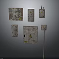 Rusty Metal Electrical Control Panels With Various Styles And Yellow Warning Signs
