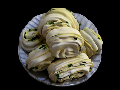 Freshly Baked Soft Fluffy Scallion Rolls on White Plate with Green Chives 3d model