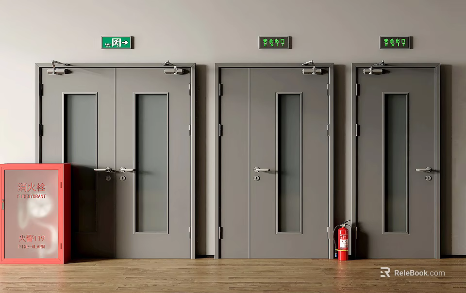 Gray Double Doors With Glass Panels Green Exit Signs And Fire Extinguisher On Wooden Floor 3d model 