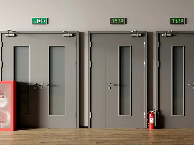 Gray Double Doors With Glass Panels Green Exit Signs And Fire Extinguisher On Wooden Floor 3d model