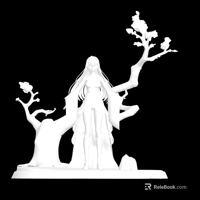 White Standing Game Movie Character Figure With Tree Elements On Black Background 3d model 