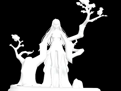 White Standing Game Movie Character Figure With Tree Elements On Black Background 3d model