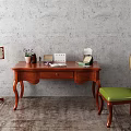 Vintage Wooden Writing Desk with Green Leather Chair Purple Flowers Book Lamp and Photo Frame
