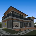 Modern Detached Villa With Large Glass Windows Balcony And Courtyard Stone Pathway Lawn