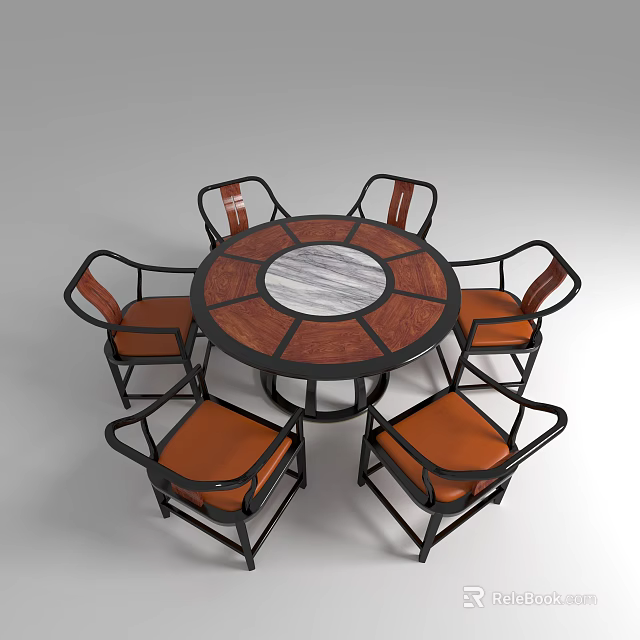 Modern Round Dining Table Set With Wooden Marble Top Six Orange Cushioned Black Frame Chairs 3d model 