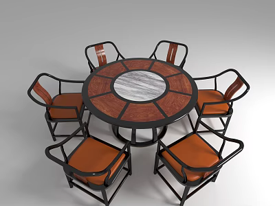 Modern Round Dining Table Set With Wooden Marble Top Six Orange Cushioned Black Frame Chairs 3d model