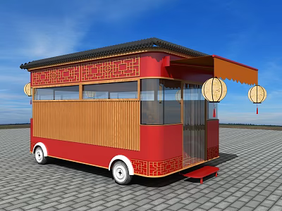 Chinese Style Red Food Truck With Wooden Panels Black Roof And Hanging Lanterns 3d model
