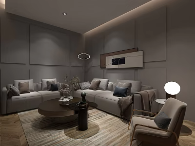Modern Living Room Interior With Gray Walls Sofas Round Coffee Table And Floor Lamp 3d model