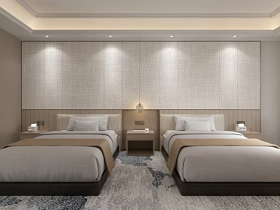 Modern Hotel Guest Room With Twin Beds Nightstands Table Lamps Textured Wall And Carpet 3d model