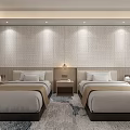 Modern Hotel Guest Room With Twin Beds Nightstands Table Lamps Textured Wall And Carpet