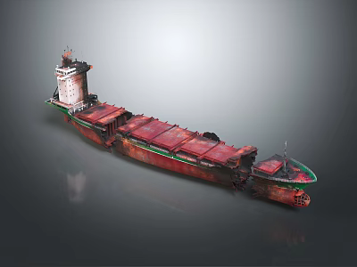Wooden Cargo Ship With Red Deck Green Edges And Rusty Superstructure 3d model