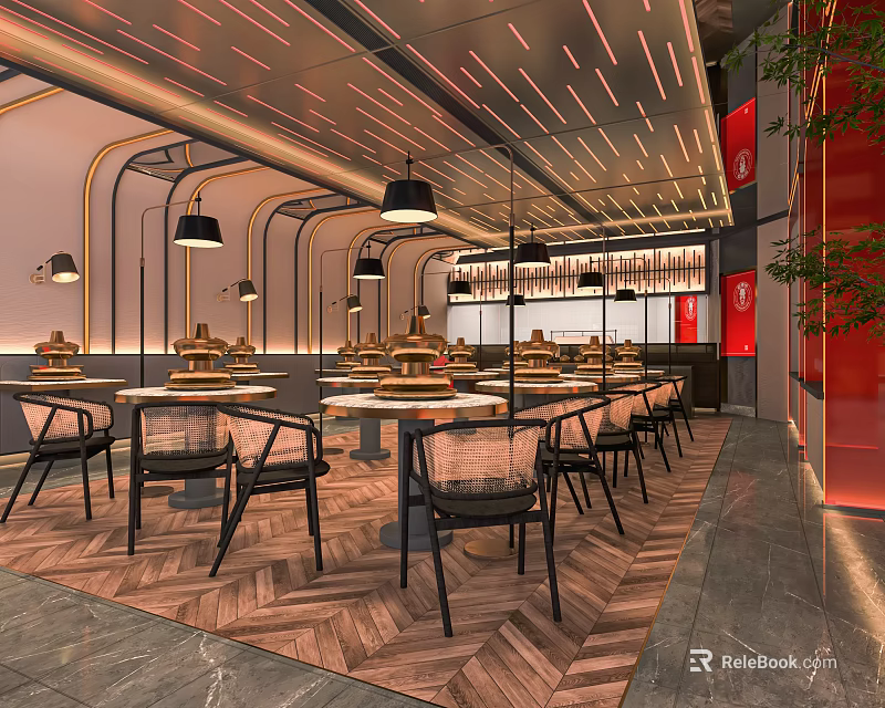 Modern Hot Pot Restaurant Interior Design With Spacious Layout Pendant Lamps And Herringbone Flooring 3d model 