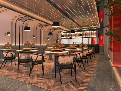 Modern Hot Pot Restaurant Interior Design With Spacious Layout Pendant Lamps And Herringbone Flooring 3d model