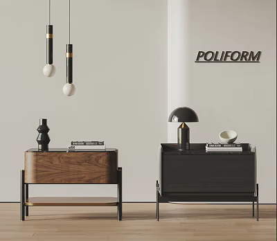 Stylish Poliform Bedside Tables With Walnut And Dark Finishes Table Lamps Decorative Items And Books 3d model