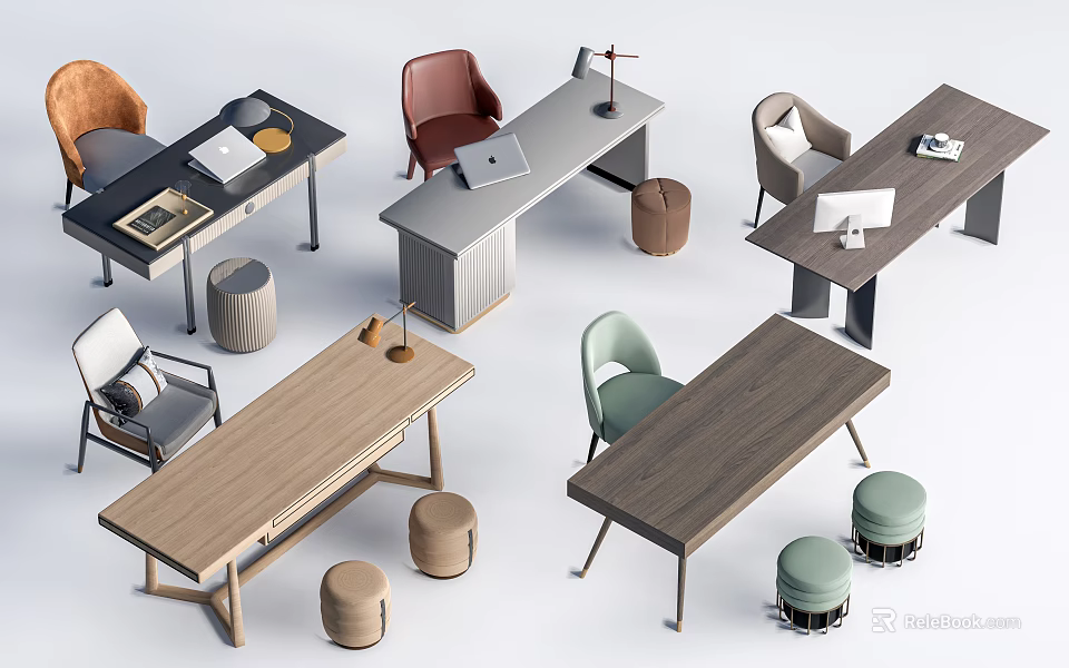 Modern Desk Design With Chairs Stools Lamps Laptops And Books 3d model 
