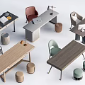 Modern Desk Design With Chairs Stools Lamps Laptops And Books
