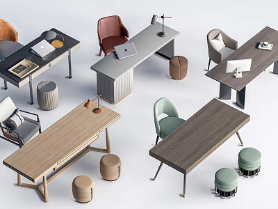 Modern Desk Design With Chairs Stools Lamps Laptops And Books 3d model