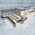 Modern Minimalist Bright Open Milk Tea Shop Interior With Marble Bar Counter And Green Plants