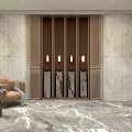 Modern Elevator Lobby Interior With Marble Flooring Red Accent Wall Green Plants And Accent Chair