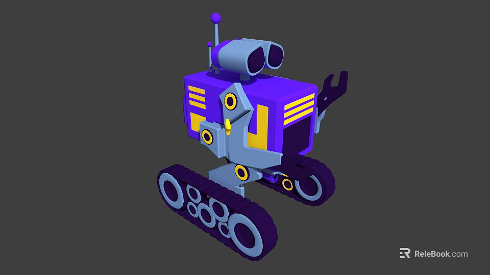 Cartoon Scene Featuring Purple and Yellow Robot with Tracks and Large Eyes 3d model 