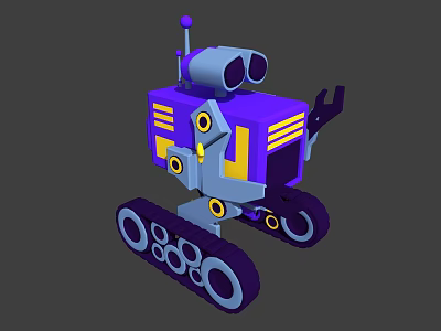 Cartoon Scene Featuring Purple and Yellow Robot with Tracks and Large Eyes 3d model