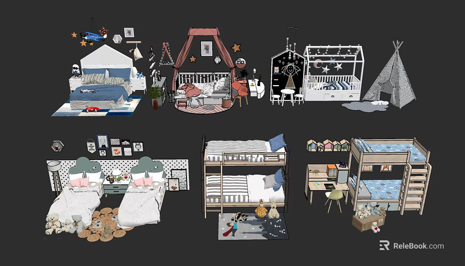Colorful Kids Bed Designs With Tent Shapes Bunk Beds And Playful Decor Elements 3d model 