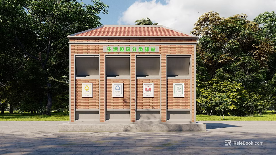Public Facility Domestic Waste Classification Disposal Station With Brick Structure And Sorting Signs 3d model 