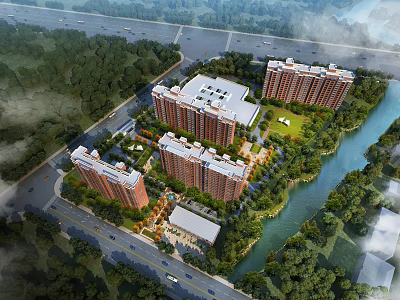 Aerial Planning of Modern High Rise Residential Area With River Greenery and Roads 3d model