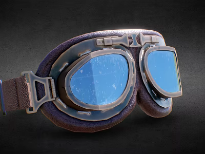 Vintage Aviator Goggles With Leather Strap Metal Frame And Blue Lenses 3d model