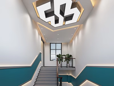Modern Staircase Corridor Interior With Geometric Ceiling Teal White Walls Plants And Window 3d model