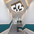 Modern Staircase Corridor Interior With Geometric Ceiling Teal White Walls Plants And Window