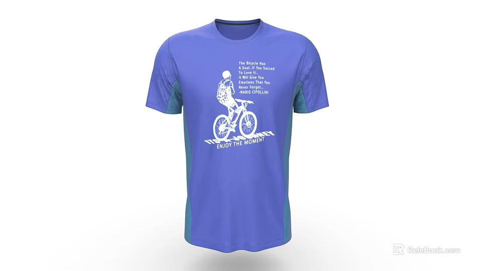 Blue T shirt With Cyclist On Bike And Ride To The Beach Text Design 3d model 