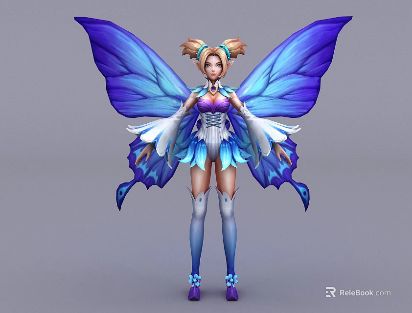 Game and Movie Character With Blue Butterfly Wings Twin Ponytails Blue White Costume 3d model 