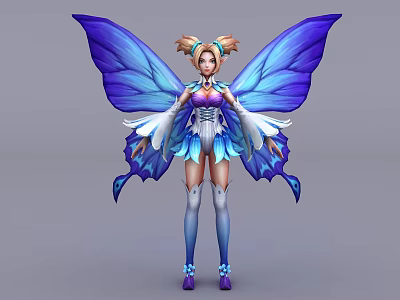 Game and Movie Character With Blue Butterfly Wings Twin Ponytails Blue White Costume 3d model