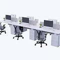 Modern Office Desk with Multiple Workstations Computer Monitors Ergonomic Chairs and Small Potted Plants 3d model
