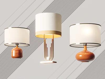 Three Modern Table Lamps Design With Wooden Base Metal Stand And White Shade 3d model