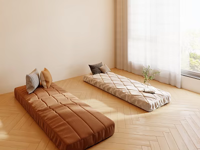 Cozy Interior With Two Floor Cushions Brown Beige On Wooden Floor Near Window Curtain Plant 3d model