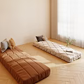 Cozy Interior With Two Floor Cushions Brown Beige On Wooden Floor Near Window Curtain Plant