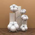 Photo Spot With White Pumpkin Shaped Decorations Red Vertical Strips Orange Background And Wooden Floor