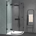 Modern Shower Head in Glass Enclosure with Tiled Wall and Towel Rack