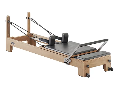 Yoga Studio Featuring Wooden Pilates Reformer with Adjustable Straps and Wheels 3d model