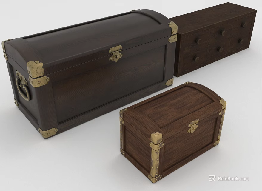 Wooden Storage Chests With Brass Lock And Decorative Fittings In Various Sizes 3d model 