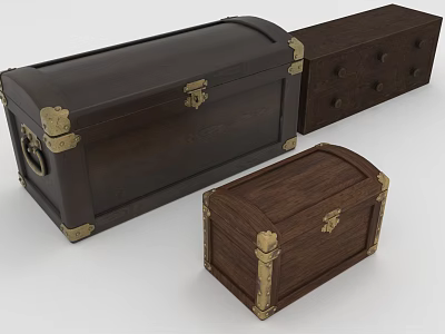Wooden Storage Chests With Brass Lock And Decorative Fittings In Various Sizes 3d model