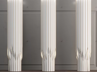 Three Modern Decorative Columns With Vertical Lines Against Gray Wall 3d model