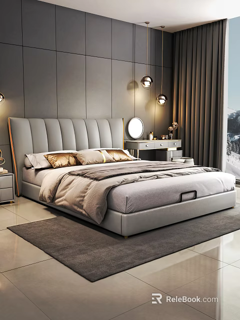 Double Bed With Gray Leather Headboard Gold Pillows Gray Bedding Dresser Mirror Pendant Lights 3d model 