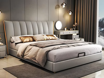 Double Bed With Gray Leather Headboard Gold Pillows Gray Bedding Dresser Mirror Pendant Lights 3d model