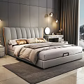 Double Bed With Gray Leather Headboard Gold Pillows Gray Bedding Dresser Mirror Pendant Lights