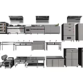 Stainless Steel Commercial Kitchen Appliances Including Ovens Refrigerators Sinks Worktables and Cabinets