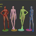 Four Gold Female Mannequins in Different Poses on Round Bases Against Gray Background